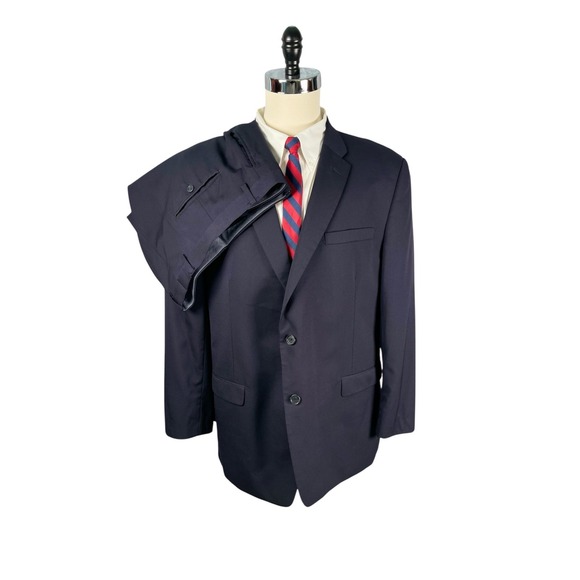 Tommy Hilfiger 2pc Suit Mens 48L Navy 100% Wool Two Button Flat Front Pants - Picture 2 of 16